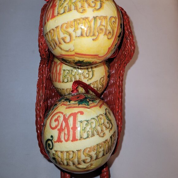 Set of 3 Decoupage Paper Mache Merry Christmas Round Bulb Ornaments *Santa Claus - Picture 1 of 2